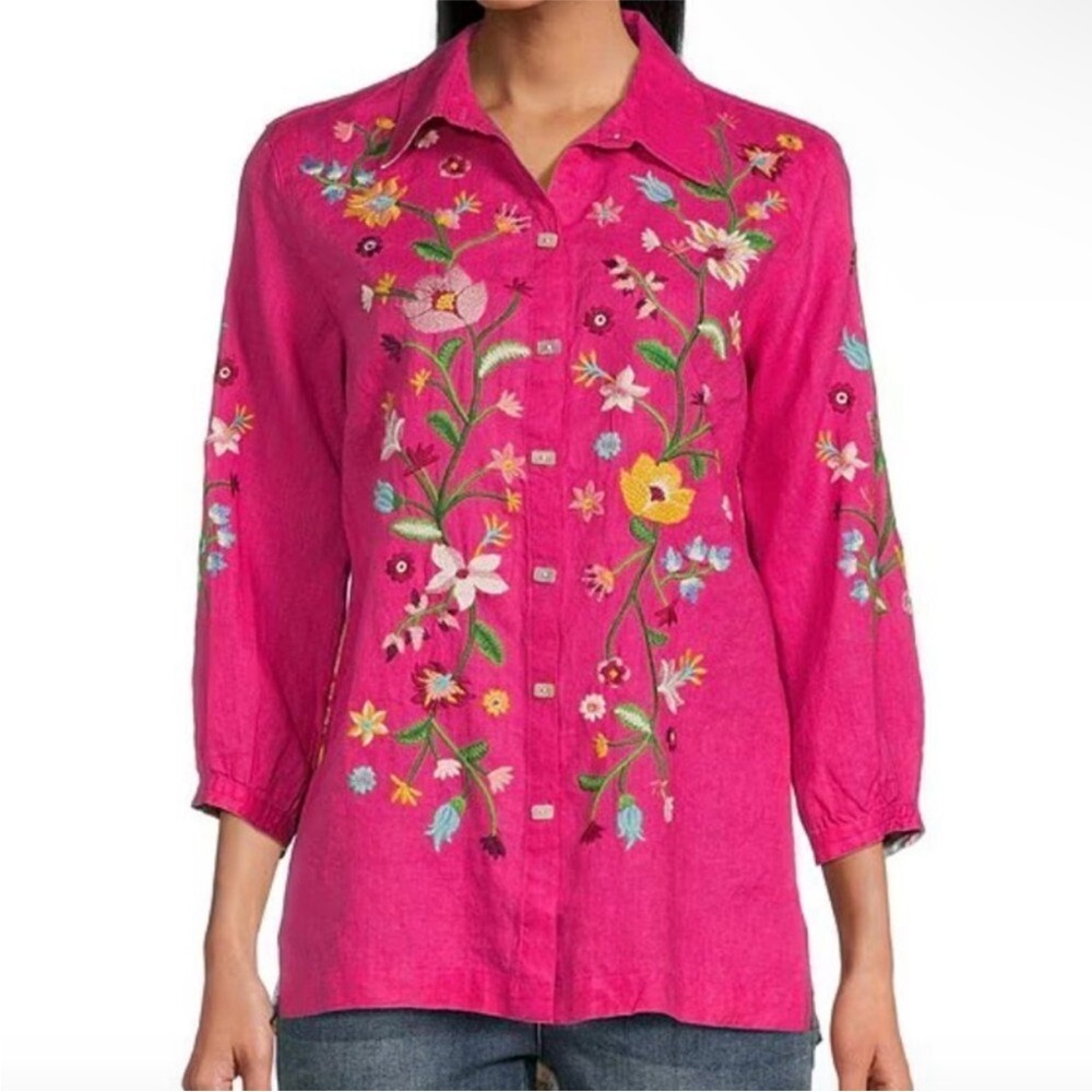 John Mark Linen Embroidered Patchwork Print Butto… - image 2